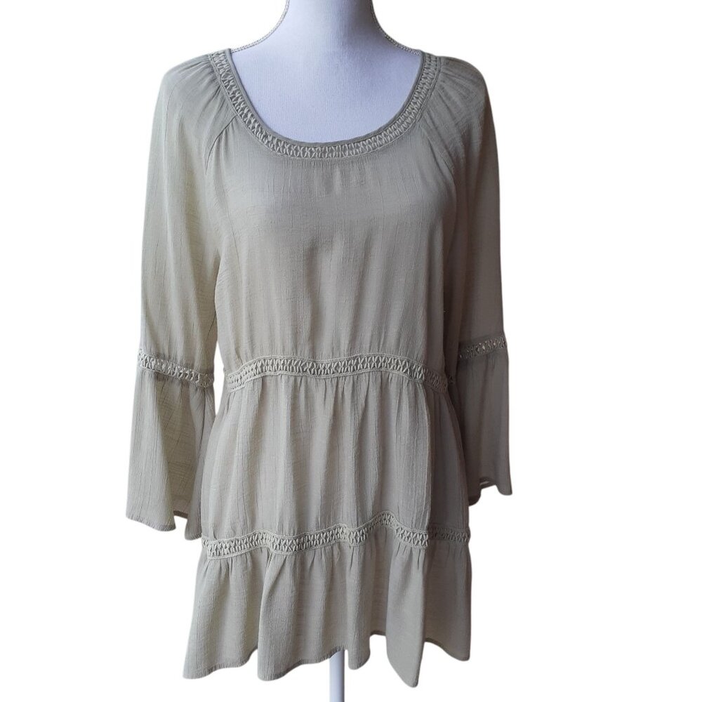 Spence Blouse Tunic Top Womens Size L Sage Green Embroidered Long Bell Sleeve